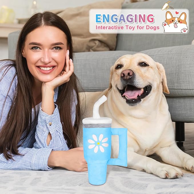 Squeaky Dog Toy - Crinkle Pup Cup Tumbler Plush Dog Toy with Cute Daisy Design for Small Medium Breeds, Funny Interactive Puppy Birthday Gift (Blue)-Mewly Pet