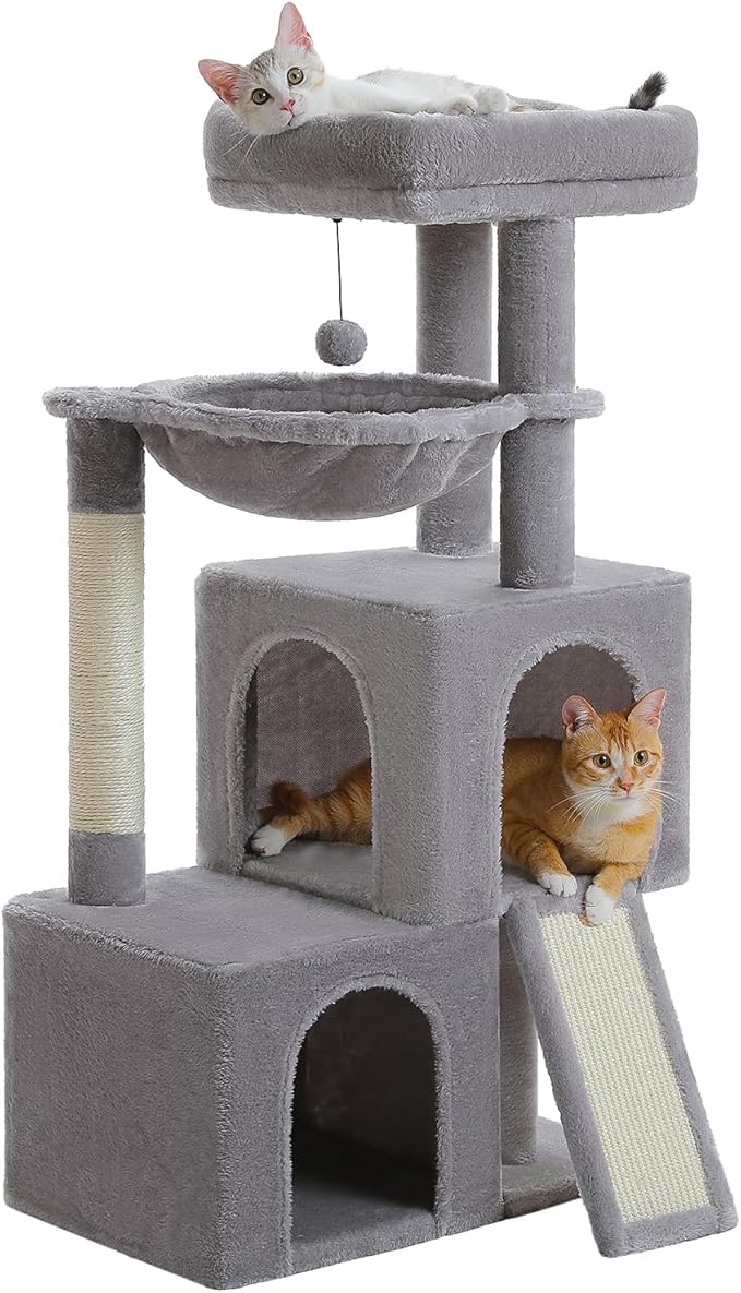 PAWZ Road Large Cat Tree, 41 Inches Multi-Level Cat Tower with 2 Spacious Condos for Indoor Cats, Large Cat House with Comfy Hammock, Padded Perch, Scratching Pad and Replaceable Balls-Gray-Mewly Pet