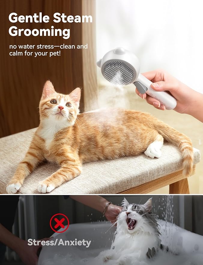 Cat Steam Brush, Brushes for Indoor Cats with Release Button, Dual Speed Spray USB Rechargeable Grooming Supplies, Cat Brush for Shedding Suitable for All Long-haired and Short-haired Pets-Mewly Pet