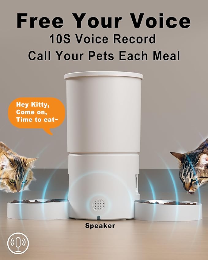 Dual Automatic Cat Feeder 2 Cats,6 Meals/Day,12 Portions/Meal,4.2L Dual Power Double Bowls Feeder,Dry Food Auto Pet Dispenser,10S Voice Record,Flexible Schedule Timer(White,Stainless Dual Bowls)-Mewly Pet