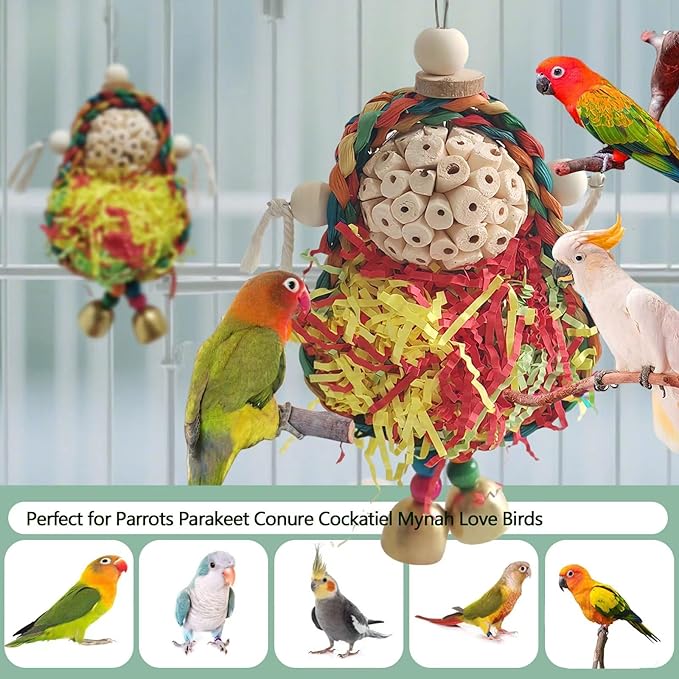Parakeet Toys,Natural Sola Balls and Shredding Hanging Chewing Toy,2 PCS Small and Medium-Sized Parrot Toys, Bird Toys for Parrots,Cockatiels,Conures,Lovebird,Christmas Birds Toy-Mewly Pet