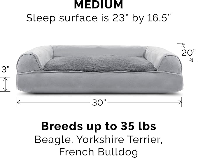Furhaven Pillow Dog Bed for Medium/Small Dogs w/ Removable Bolsters & Washable Cover - Plush & Suede Sofa - Gray, Medium-Mewly Pet