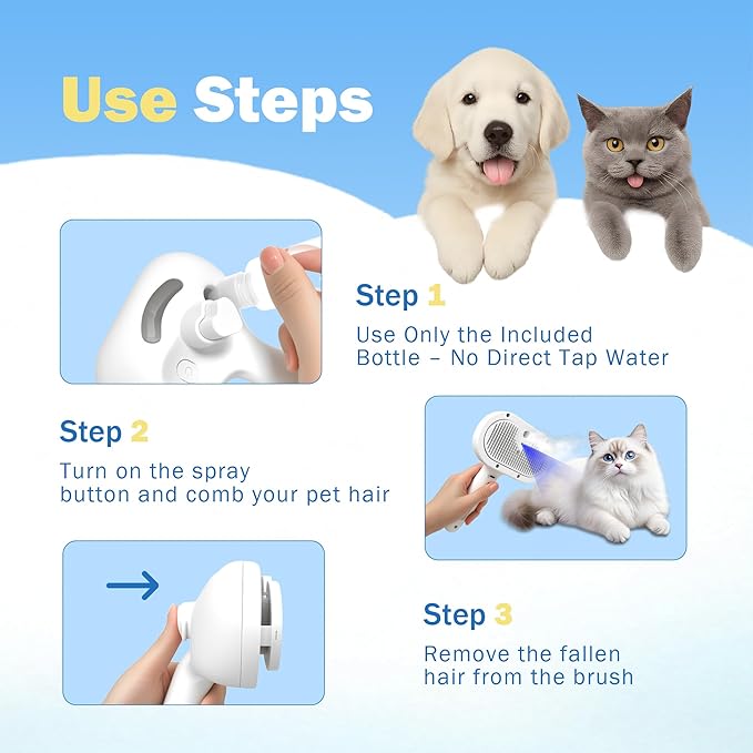 4-in-1 Pet Grooming Steam Brush for Cats & Dogs – Steam Spray, Blue Light, Hair Removal, Self-Cleaning Comb – Includes Pet Waterless Shampoo-Mewly Pet