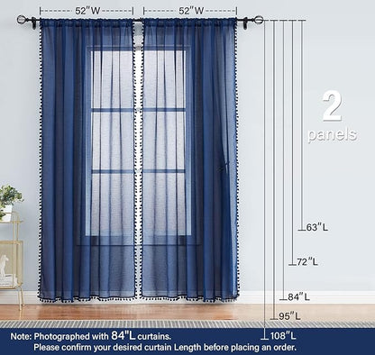 Treatmentex Sheer Blue Curtains for Bedroom Window 95 inches Long Linen Textured Pom-Pom Voile Drapers for Kids Bed Canopy Navy Rod Pocket 2Pack
