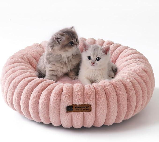 MEWOOFUN Donut Dog Beds for Small Dog, Calming Bed Round Cute Puppy Bed with Non-Slip Bottom, Fluffy Washable Pet Bed for Puppy and Kitten (Pink, XS (20x20x6))-Mewly Pet