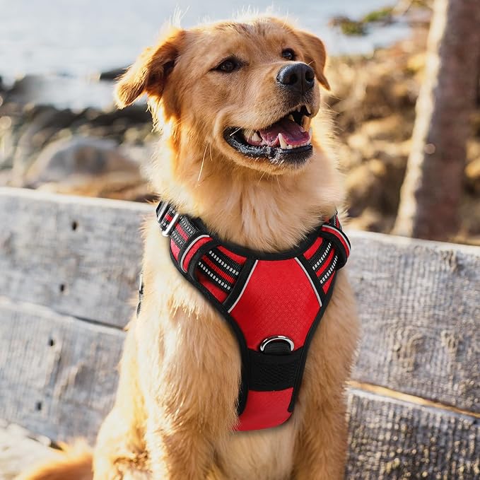 rabbitgoo Dog Harness for Large Dogs, No Pull Pet Vest with 3 Buckles, Adjustable Soft Padded Pet Harness with Easy Control Handle and Reflective Strips, Red, XL-Mewly Pet