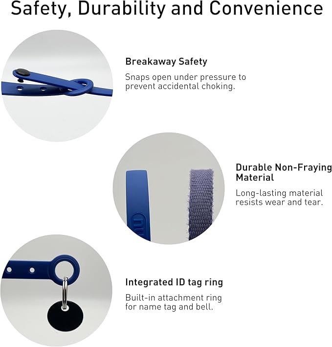 Break Away Collar for Cats - Soft, Thin, and Lightweight Safety Buckle Collar with Name Tag Ring for Outdoor Cats and Sensitive Skin Kittens by Nuvuq (6 ⅞" to 10 ¼", Dark Blue)-Mewly Pet