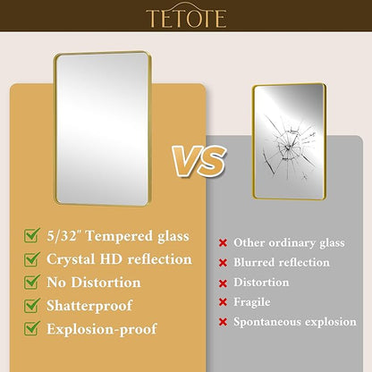 TETOTE Gold Vanity Mirror 20 x 30 Brushed Gold Metal Framed Vanity Mirror, Tempered Glass, Modern Farmhouse Wall Mounted Mirrors for Decorative(Horizontal/Vertical)
