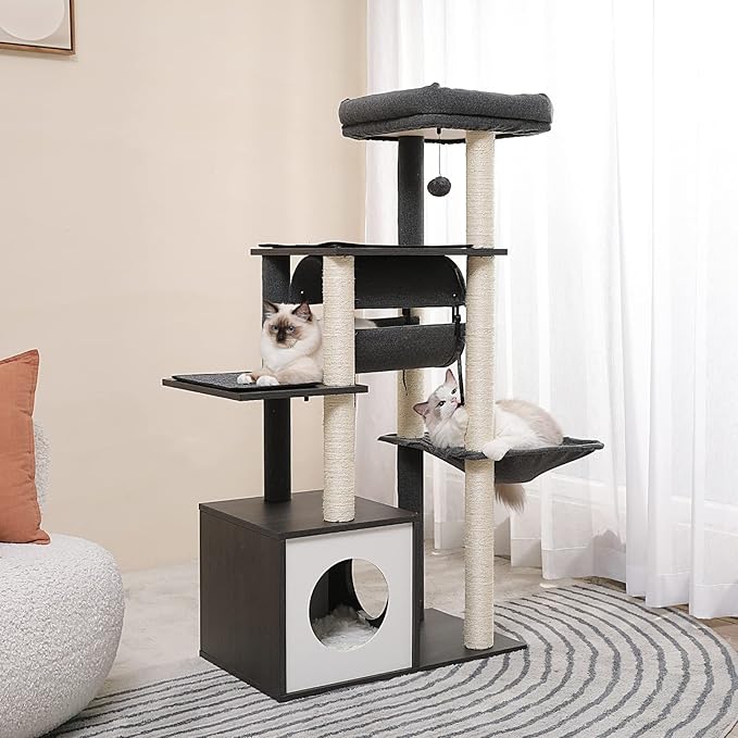 PEQULTI 51.4 Inches Modern Cat Tree Premium 6 Levels Wooden Cat Tower with Fully Sisal Covered Scratching Posts, Cozy Condo, Spacious Perch, Super Large Hammock and Swing Tunnel for Indoor Cats Gray-Mewly Pet