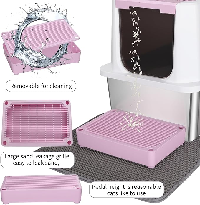 RIZZARI Stainless Steel Cat Litter Box, Odorless Enclosed Litter Box with Top Holes, Large Litter Pan for Small to Large Sized Cats (Dark Pink, 24" L*16" W*18" H)-Mewly Pet