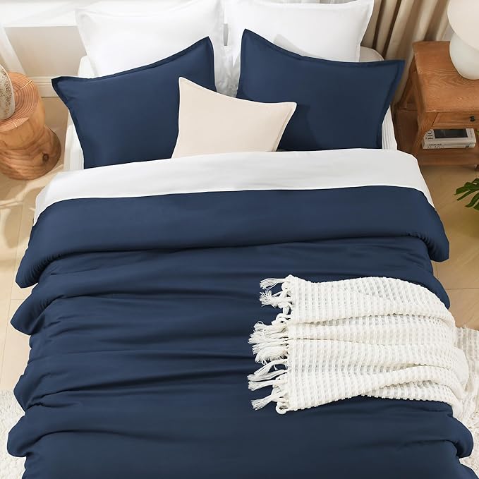 Litanika Navy Blue Comforter Full Size Set, 3 Pieces Lightweight Solid Bedding Comforter Set, All Season Fluffy Bed Set