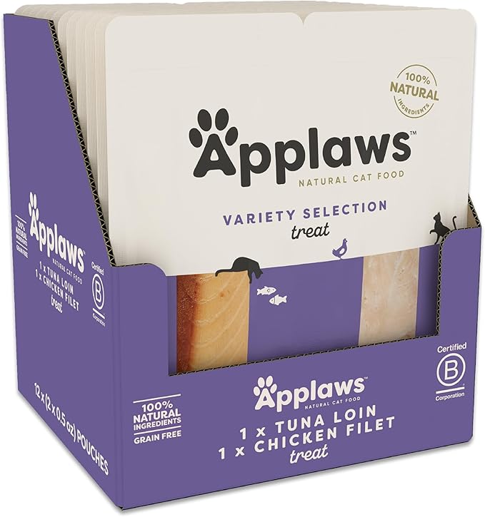 Applaws Natural Cat Treats, Grain-Free, High-Protein Whole Chicken & Tuna Loins, Single-Ingredient Healthy Snack for Cats (12 x 1.06 oz Loins)-Mewly Pet