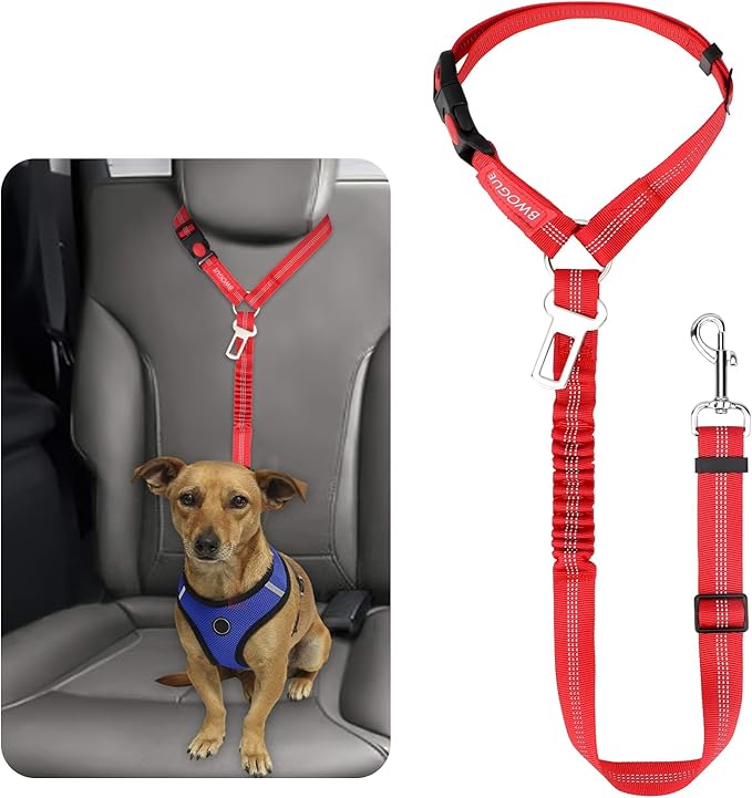 BWOGUE Pet Dog Cat Seat Belt Reflective Car Dog Headrest Restraint Leash Elastic Buffer Bungee Adjustable Tangle-Free Safety Leads Vehicle Seatbelt Harness for Small, Medium and Large Dogs (1 Pack)-Mewly Pet