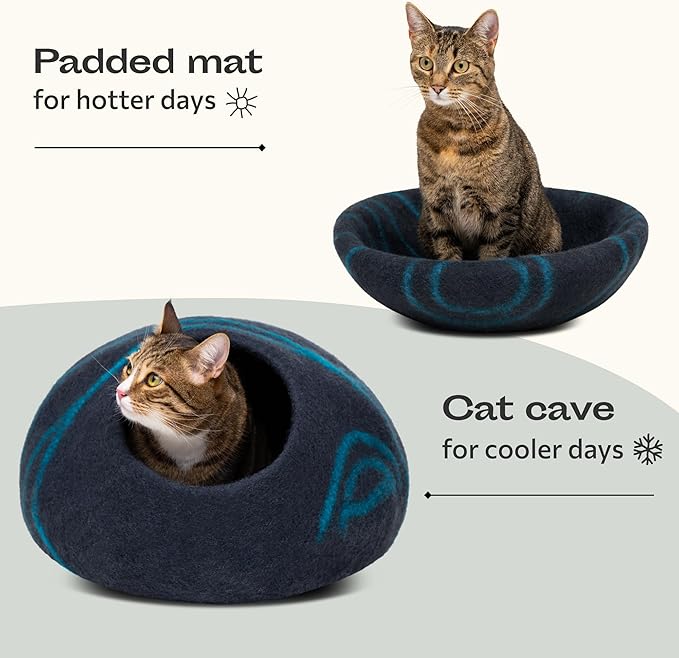 MEOWFIA Cat Cave – Premium Felt Cat Bed for Indoor Cats, Handmade 100% Merino Wool (Large, Black Aqua)-Mewly Pet