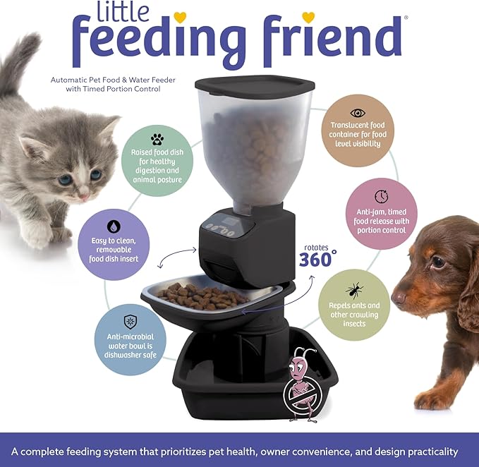 Automatic Dog & Cat Food Feeder with Water Dispenser – Smart Pet Feeder with Portion Control, OLED Display, Anti Jam Design, Battery Operated Dispenser for Small Pets - Black-Mewly Pet
