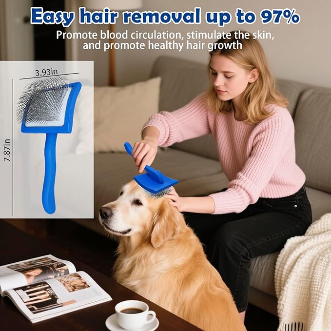 Dog Grooming Brush Set – 5-Piece Kit for Medium & Long-Haired Dogs | Includes Long Pin Brush, Flea Comb, Bath Glove, Silicone Glove, Metal Comb | For Poodles, Huskies & More (Blue)-Mewly Pet