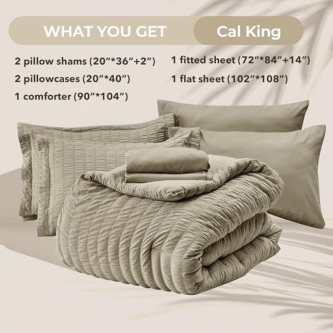 HYMOKEGE Linen California King Comforter Set Seersucker 7 Pieces, All Season Luxury Bed in a Bag for Bedroom, Bedding Set with Comforter, Sheets, Pillowcases & Shams