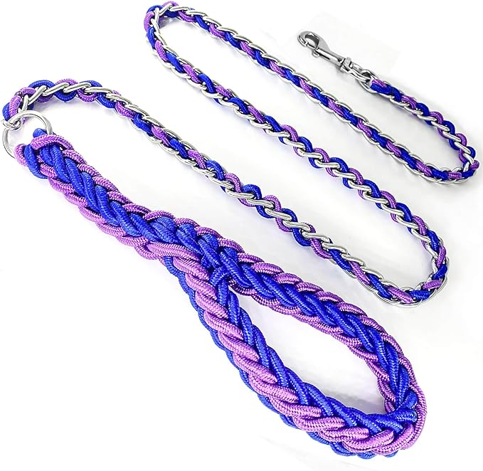 Dog Leash Rope Chain, Nylon Rope Metal Chain for Pet Leads. 6ft Heavy Duty Chew Proof Training Walking for Medium Large Dogs. (Medium, Blue&Purple)