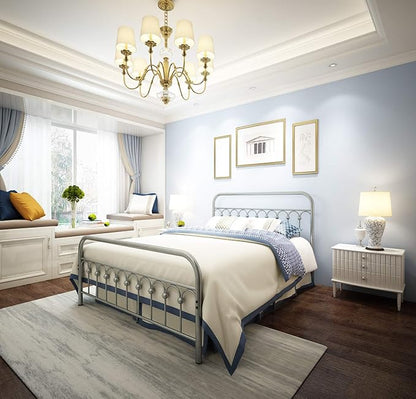 TUSEER Metal Bed Frame Queen Size with Vintage Headboard and Footboard Platform Base Wrought Iron Bed Frame Gray Silver (Queen, Gray Silver).