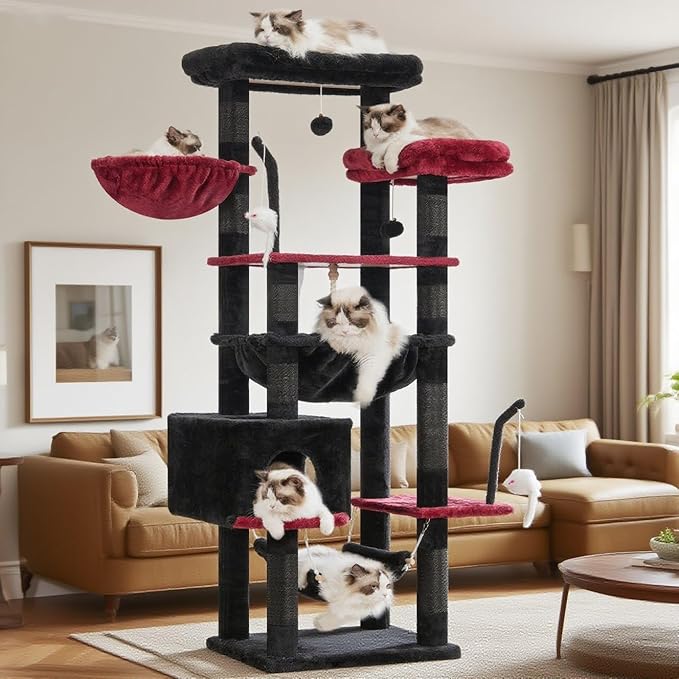 Gothic Cat Tree, Cat Tower for Large Cats with 2 Big Platforms, 2 Baskets, condo and Toys, 63" Cat Scratching Posts for Indoor Cats, Black and red GCT020BR-Mewly Pet