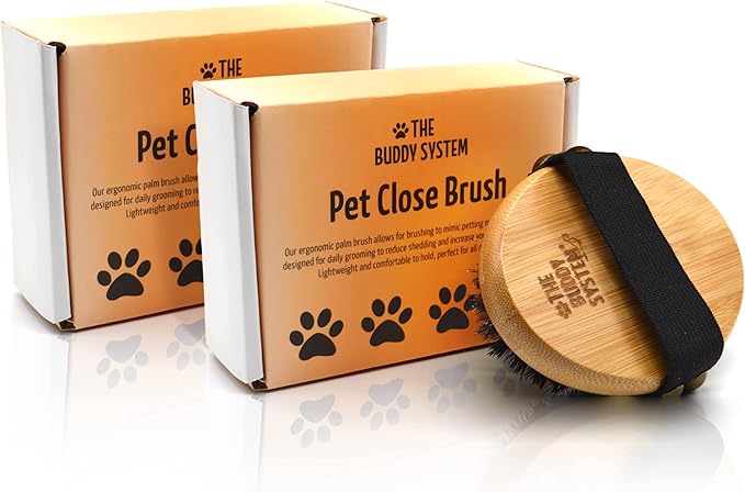The Buddy System Pet Close Brush, Soft Touch Oval Palm Brush - Bamboo Massage Handheld with Soft Boar Bristles and Elastic Band for Dogs and Cats 2 Pack-Mewly Pet