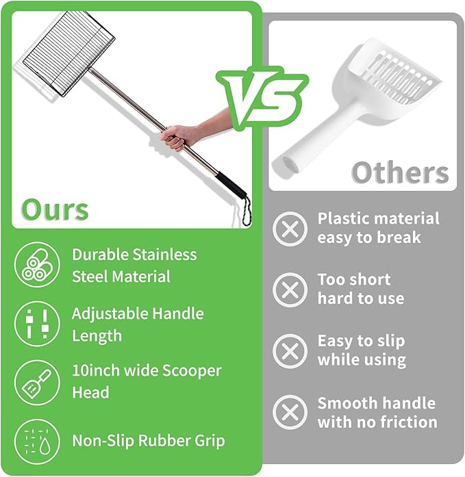 Large Chicken Poop Scooper, Metal Coop Scoop with 32" to 67" Adjustable Long Stainless Steel Handle, Chicken Poop Scooper for Sand with Heavy Duty Sifting Shovel for Chicken/ Horse/ Pet Coops (10 IN)-Mewly Pet