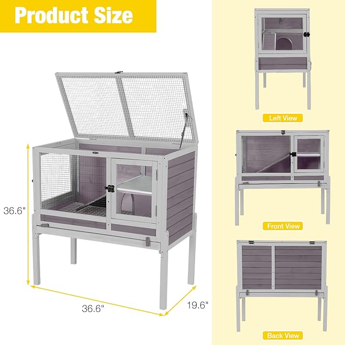 Aivituvin Rabbit Hutch with Stand Wooden Bunny Cage Indoor 2 Story Guinea Pig House with Anti Chew Ramp, No Leak Tray, Hideout, Wire Mesh (Gray)-Mewly Pet