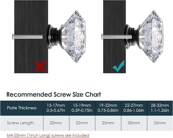 12-Pack Crystal Glass Cabinet Knobs for Home Decor, Vanity Drawers, Desks, Wardrobe Doors, Standard Screws Easy Installation for Home Refurbishment and Redecoration (Clear Crystal, 40mm, Black Base)