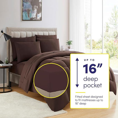 Sweet Home Collection 5 Piece Comforter Set Bag Solid Color All Season Soft Down Alternative Blanket & Luxurious Microfiber Bed Sheets, Brown, Twin XL