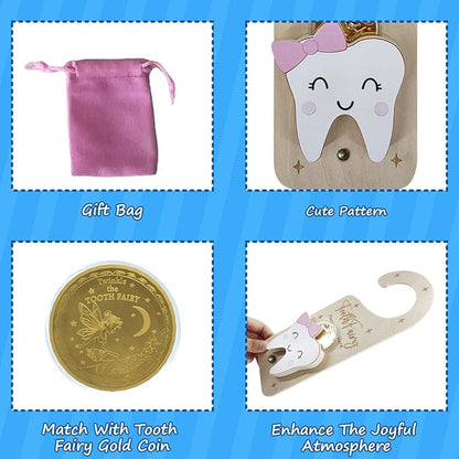 Tooth Fairy Door Hanger, Wooden Tooth Fairy Money Holder with Tooth Coins for Lost Tooth Kids Gifts (Pink)