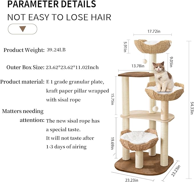Big Modern Design Cat Tree Tower with White Cloud Mat, Unique Cat Supplies Tower with Scratching Post, Cute Wood Cat Tree Cat Furniture Activity Centre for Indoor Big Cats-Mewly Pet