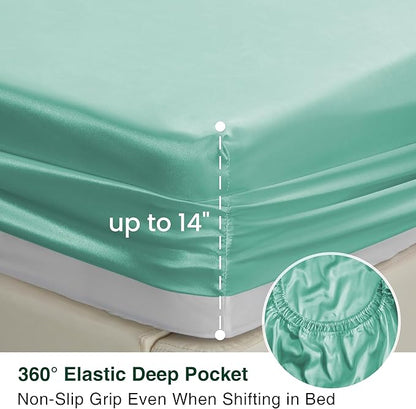 Love's cabin Full Satin Bed Linen Set, 4 Piece, Aqua, Silky Soft, Luxury Feeling, Wrinkle Resistant, Deep Pockets, Fitted & Flat Sheets, 2 Pillowcases