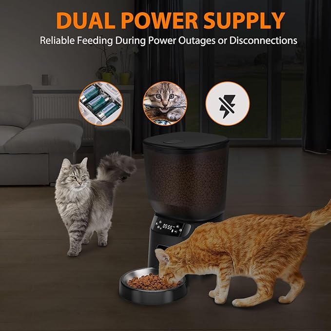 Automatic Cat Feeder, Cat Food Dispenser with Stainless Steel Bowl, Timed Portion Control 20 Portions 6 Meals Per Day, Voice Recorder, Dual Power Supply for Small Dogs (Black)-Mewly Pet
