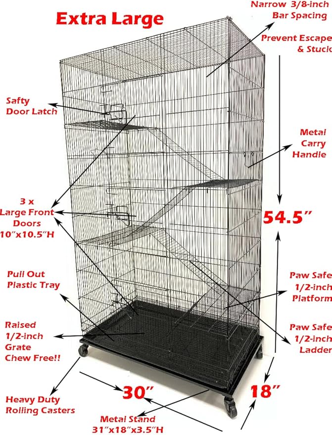 X-Large 5-Levels Tight 3/8-inch Bar Spacing Ferret Chinchilla Sugar-Glider Rats Mice Gerbil Chew Free Cage with Removable Rolling Stand, 31-Inch by 19-Inch by 55-Inch-Mewly Pet