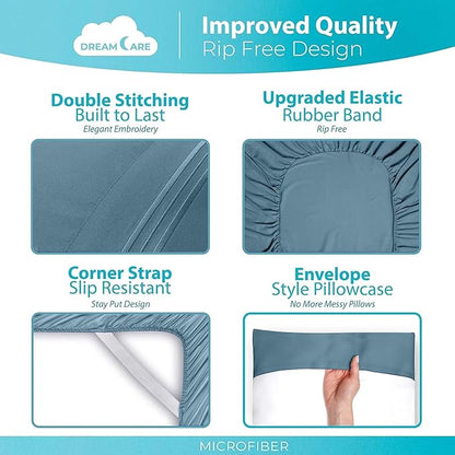 DREAMCARE Full Size Sheets Set - 6 Pcs Deep Pocket Cooling Bed Sheets - Soft, Long Lasting 100% Brushed Microfiber with Side Pocket (Mineral Blue, Full)