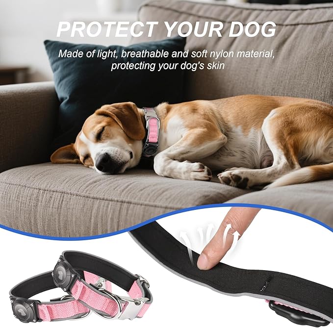 Waterproof Airtag Dog Collar - Nylon Collar with Durable Airtag Holder, Reflective&Anti-Lost with Safety Metal Buckle, Soft Padded Adjustable for Small Medium Large Dogs Pink XL-Mewly Pet