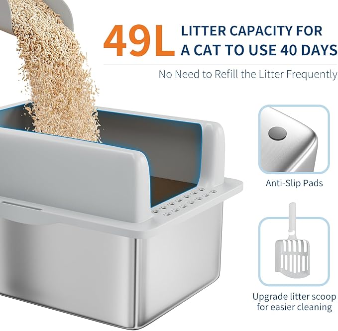 Stainless Steel Cat Litter Box 8 inch, XXL Large Cat Litter Tray with High Side, Platform Step and Scoop for Big Cats Multiple Cats, Easy Clean-Mewly Pet