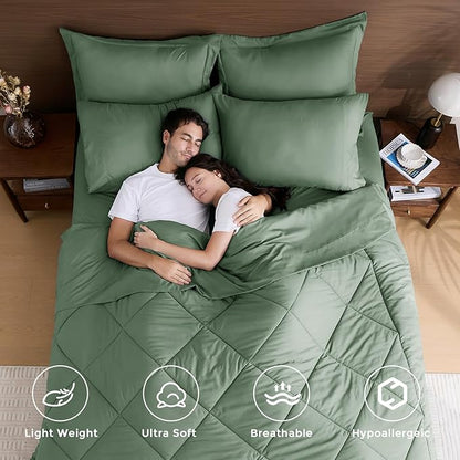 HEVUMYI Sage Green King Comforter Set - 7-Piece All Season Bed in a Bag King, Ultra Soft Bedding Set with Comforter, Flat Sheet, Fitted Sheet, Pillowcases, Pillow Shams, Sage Green