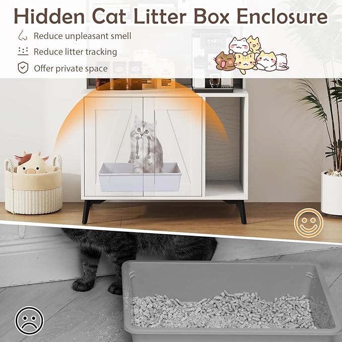 PETSITE Cat Litter Box Enclosure with Storage Shelf, 52 Inches Tall Modern Wooden Hidden Litter Box Furniture with Storage Shelving, Ideal for Indoor Cats (White)-Mewly Pet