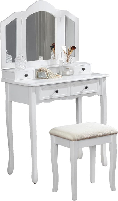 Roundhill Furniture Sanlo Wooden Vanity | Make Up Table and Stool Set | White