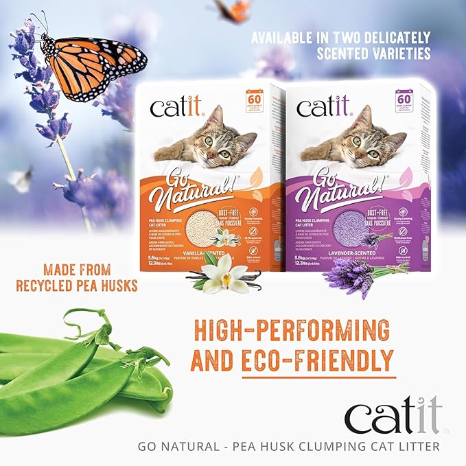 Catit - Go Natural Pea Husk Clumping Cat Litter - Lightweight, Dust Free, Easy Cleaning & Scooping, Flushable Kitty Litter with Odor Control & Subtle Fragrance - 12.3 Lbs, Lavender Scented-Mewly Pet