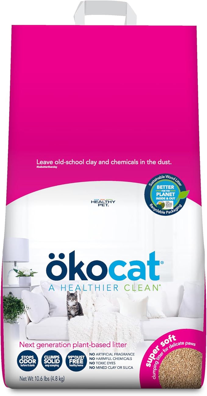 ökocat Super Soft Wood Clumping Cat Litter, Unscented, 10.6 pounds - Natural Ingredients, Stops Odor, Clumps Solid, 99% Dust Free, Great for All Cats, Sensitive Paws, Kittens-Mewly Pet