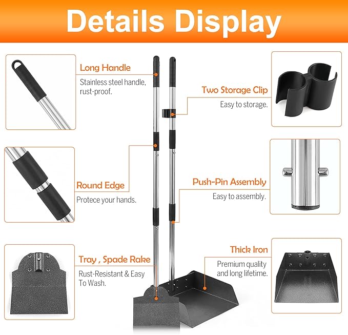 Dog Pooper Scooper for Large Dogs, Metal Aluminum Tray and Spade Poop Scoop Set with Adjustable Stainless Steel Long Handle, Pet Waste Removal Heavy Duty Poop Scooper-Mewly Pet