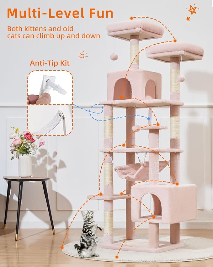 Taoqimiao Cat Tree, 68-Inch Cat Tree Cat Tower for Indoor Cats, Plush Multi-Level Cat Condo with 6 Scratching Posts, 2 Perches, 2 Caves,Hammock, 3 Pompoms,MS020SP Jelly Pink-Mewly Pet