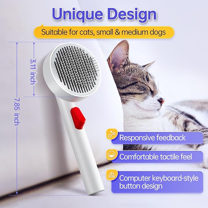 Cat Brush for Shedding with One-Click Button, Pet Comb for Indoor Cats, Suitable for Long or Short Haired Cats, Small and Medium Dogs, Grooming for Puppy Kitten Massage Removes Loose Fur-Mewly Pet