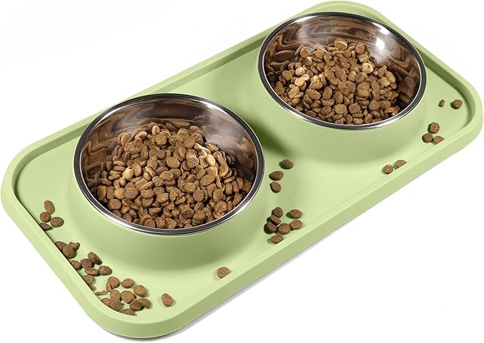Cat Food Bowls, Cat Bowls Non-Skid and Non-Spill Silicone Pads with PP Stand, Removable Stainless Steel Food and Water Dishes for Cats, Small Size Dogs-Mewly Pet