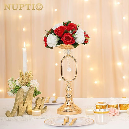 NUPTIO Pcs of 6 Fake Flower Ball Arrangement Bouquet,15 Heads Plastic Roses with Base, Suitable for Our Store's Wedding Centerpiece Flower Rack for Parties Valentine's Day Home Décor (Red & White)