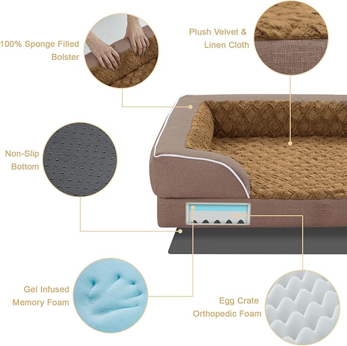 Orthopedic XL Dog Bed for Extra Large Dogs, Waterproof Memory Foam Dog Beds with Sides, Non-Slip Bottom and Egg-Crate Foam Big Dogs Couch Beds with Removable Washable Cover(X-Large,Brown)-Mewly Pet