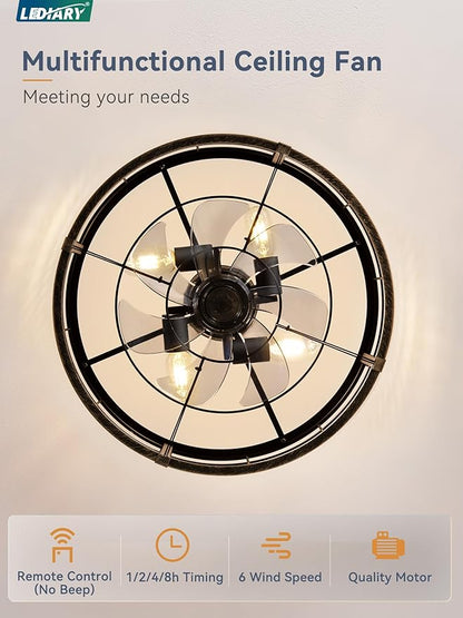 LEDIARY 20 Inch Fandelier Caged Ceiling Fan with Light, Bladeless Ceiling Fan with Remote, Small Farmhouse Fan Lights Ceiling Fixtures for Kitchen, Bedroom-Black and Gold