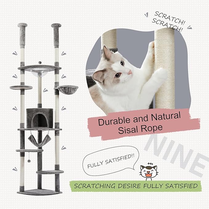 PEQULTI Floor to Ceiling Cat Tree 92.9’’-101.6’’ Height Adjustable Cat Tower Tall Kitty Climbing Play House with Scratching Posts, Cozy Condo, Perches and Large Hammock for Indoor Cats Gray-Mewly Pet